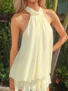 Sydney Algeri Women's Chiffon Elegant Butter Yellow Halter Tie Mini Dress,Women Dating Dress,Women Night Out Dress,Summer Dresses For Women, Honeymoon Outfits Woman .Women Wedding Guest Dress. Island Vacation Outfits,Wedding Guest Dress Women ,Sun Dresses For Women ,Elegant Dresses For Party, Birthday Dresses For Women - Vàng nhạt - Xem 3