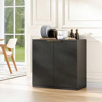 Modern Storage Cabinet With Pleated Front And Metal Handle, Multifunctional Sideboard Cabinet For Living Room & Bedroom, Natural Light Wood Decor, Black, 60x30x70 Cm