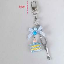 1件女士INS风手工叉，蓝色蛋糕，蝴蝶结串珠吊坠，手机挂绳，钥匙扣 - 彩色 - 查看 3