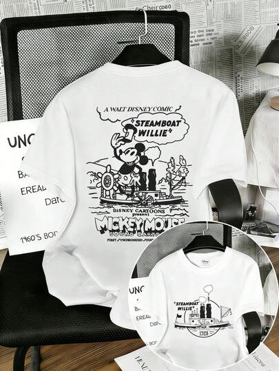 Disney 男士休闲短袖圆领T恤，双面印花，饰有火船图案，适合夏秋季日常及户外穿着，男士印花T恤