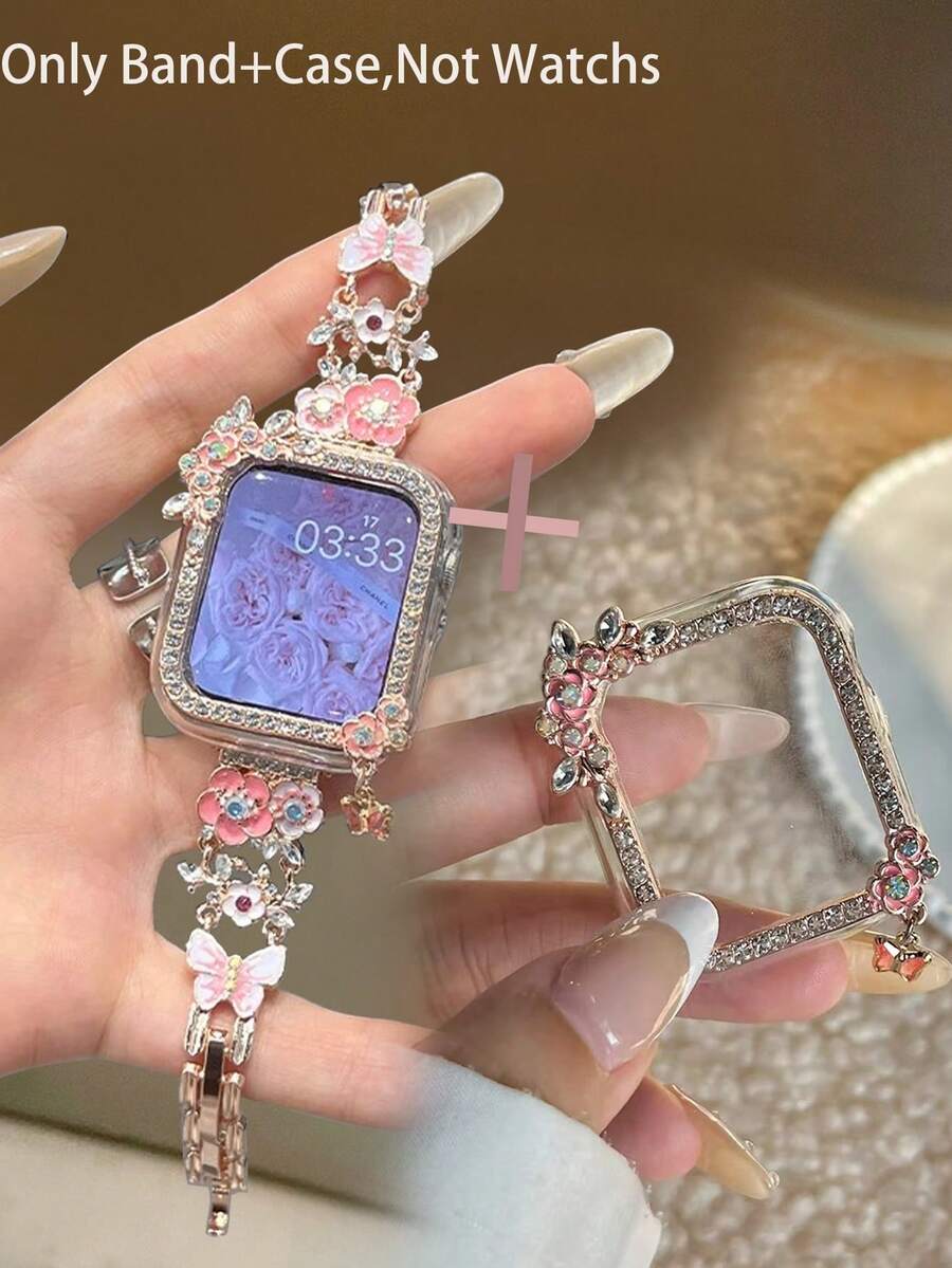 1/Set Watch Band+Watch Case, Participants In Pink Flowers Fringe Set Auger Butterfly Chain Metal Strap + Pink Flowers Fringe Butterfly Set Auger Hollow Out Pc Protection Case, Compatible With Apple Watch40/41/44/45mm, Compatible With Apple Watch Series Ultra3/2/1/ Se/11/10/9/8/7/6/5, Lovely Watch Band, Adjustable Smart Watches Accessories, Birthday Gifts, Anniversary Gifts, Weddings, Everyday Decorations Are Available