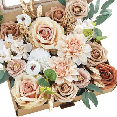 Kit de flores artificiales DIY: Caja de flores, ramo de rosas simuladas, arreglo floral de boda, decoración central colorida, adorno de escritorio, flores falsas de estilo bohemio con tallos, adecuado para decoración de pasteles, fiestas en el hogar, decoración interior y exterior