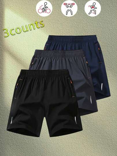 3 Pairs Men's Casual Sports Shorts For Summer, Made Of Soft Comfortable Fabric, With Drawstring Waistband And Zipper Pockets. Suitable For Basketball, Running And Fitness Activities.