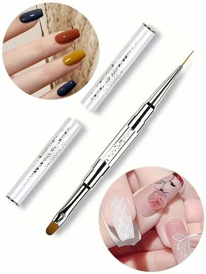 1PC Double-Ended Nail Art Pen With Nail Art And Building Gel Lining, Rhinestone-Encrusted Handle, Salon-Specific Design Tool For Nail Art Building, Color Mixing And Nail Art Brush
