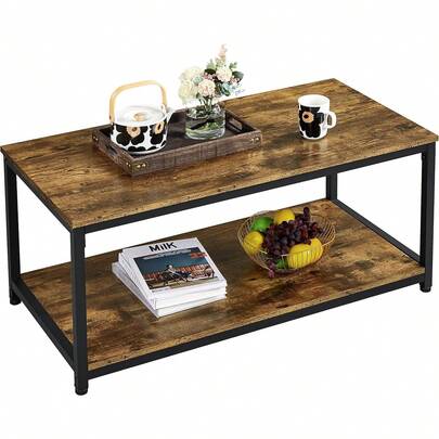 Industrial Coffee Table, Large Side Table With Metal Leg And Storage Shelf, 100x50x45cm