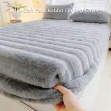 1Pcs Ultra-Soft Faux Rabbit Fur Fitted Sheet, Plush Fluffy Warm Deep Pocket Bed Cover, Machine Washable Solid Grey Mattress Protector, Twin/Full/Queen/King Size - Pillowcases NOT Included - 灰色 - 查看 1