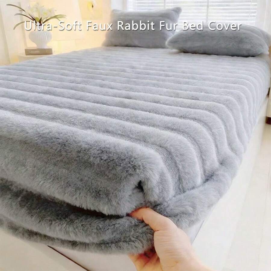 1Pcs Ultra-Soft Faux Rabbit Fur Fitted Sheet, Plush Fluffy Warm Deep Pocket Bed Cover, Machine Washable Solid Grey Mattress Protector, Twin/Full/Queen/King Size - Pillowcases NOT Included - 灰色 - 查看 1