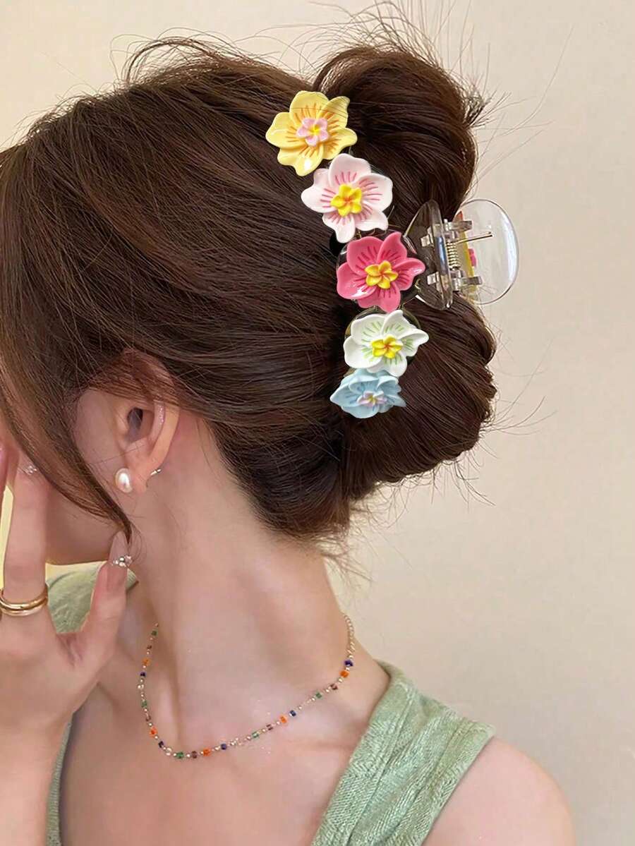 1个糖果色多巴胺花朵Y2K甜美发爪夹配饰夏季发饰沙滩发夹度假 - 彩色 - 查看 1