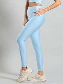 FITNATION Leggings Set With Waistband Pocket + Longline Cropped Top In Micro-Ribbed Fabric With SHINE And HIGH Elasticity And Support. - Light Blue - View 4