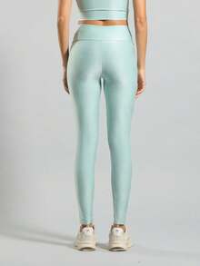 FITNATION Leggings Set With Waistband Pocket + Longline Cropped Top In Micro-Ribbed Fabric With SHINE And HIGH Elasticity And Support. - Verde agua - Ver 3