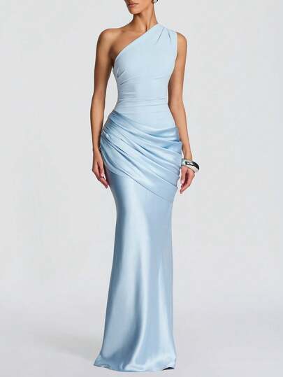 Elegant Off-Shoulder Spring/Summer Women's Dress, Satin Patchwork, Fashionable For Outings, Weddings, Parties, And Clubs