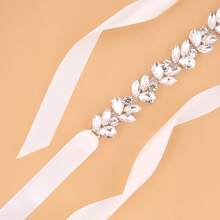 45cm Silver Crystal Rhinestone 1pc Bridal Waist Belt, Versatile Slimming Wedding Dress Accessory - Beige Ribbon - View 6