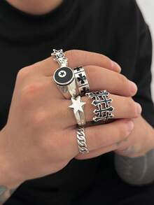 6pcs Fashionable Punk Star Cross Rings, Charming Jewelry For Men, Holiday Gift - Antique Silver - View 3