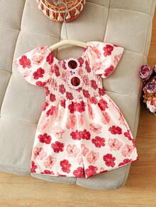 Toddler Girls' Orange Floral All-Over Print Sleeveless Romper, Spring/Summer - Orange - View 1