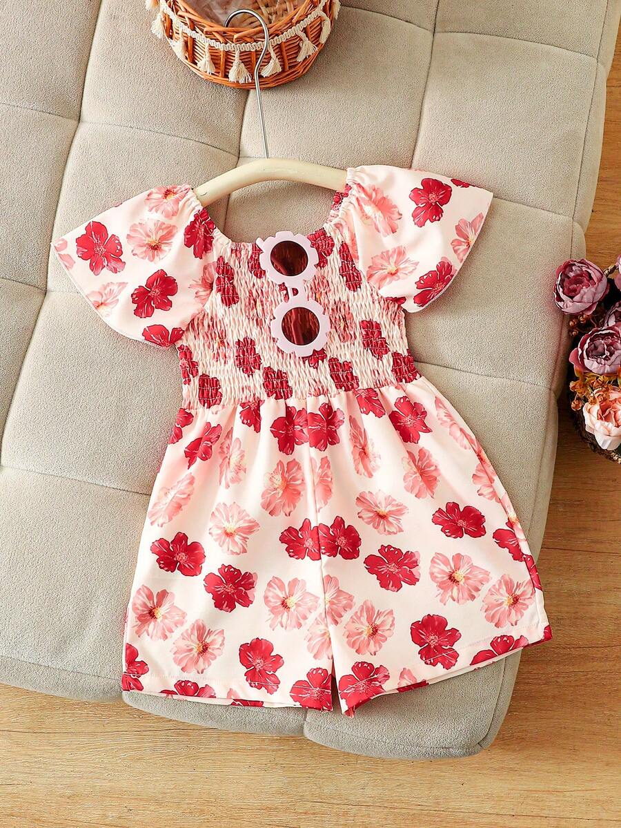 Toddler Girls' Orange Floral All-Over Print Sleeveless Romper, Spring/Summer - Orange - View 1