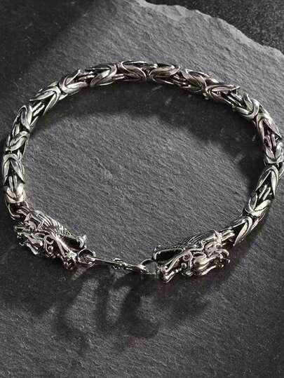 1 pieza Brazalete punk con patrón auspicioso de hueso y cabeza de dragón vintage desgastado, regalo para hombres