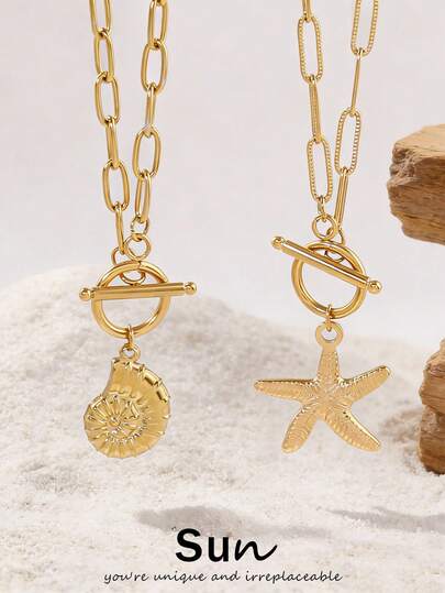 1 pieza Collar con colgante de acero inoxidable con forma de estrella de mar y concha del océano para mujer, joyería de collar de clavícula chapada en oro de 18K