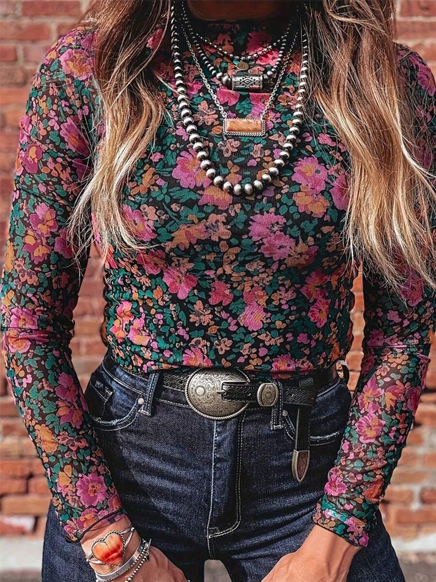 Áo kiểu tay dài đa năng in hoa dành cho nữ cỡ lớn, thích hợp cho kỳ nghỉ xuân. - Nhiều màu - Xem 1