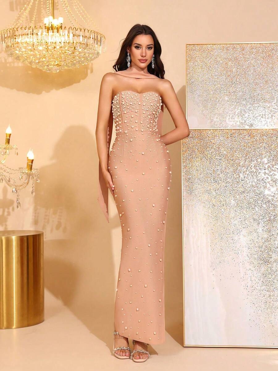 水钻无肩带开衩抹胸伴娘礼服，派对绷带裙 - 卡其色 - 查看 1
