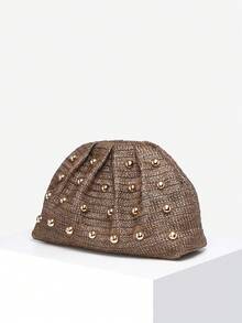 1 pieza Bolso de mano plegable de mujer con estilo de vacaciones en la playa, decoración de remaches, retro, minimalista, adecuado para uso diario, playa, fiesta, vacaciones - Café - Ver 2