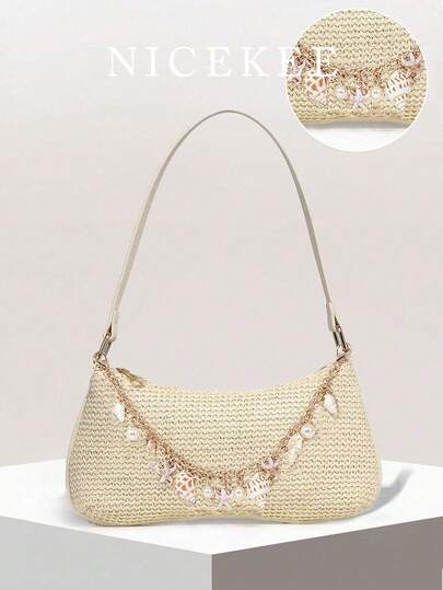 Fashionable And Personalized Solid Color Underarm Bag, Niche Design Daily Casual Shoulder Bag, Lightweight And Simple Conch Pearl Chain Woven Bag, Suitable For Shopping, Beach Vacation, Tourism, Commuting