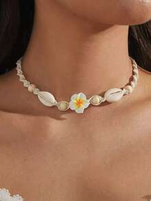 1件波西米亚风项链，沙滩项链，手工编织软陶瓷花朵贝壳项链，夏季沙滩度假配饰 - 黃色 - 查看 5