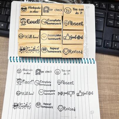 12pcs Sellos Maestros Kit Escolar Incluye Varios Cojin Sellos Para Maestros Kit Escolar Incluye Cojin Sello Tinta Negro Exterior Madera