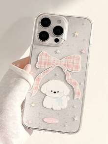 Cute Puppy Transparent Glitter Plaid Blue Bow Dog Protective Case, Anti-Drop Full Coverage Phone Case, Suitable For IPhone11/12/13/14/15/16/17/PROMAX - Pink - View 2