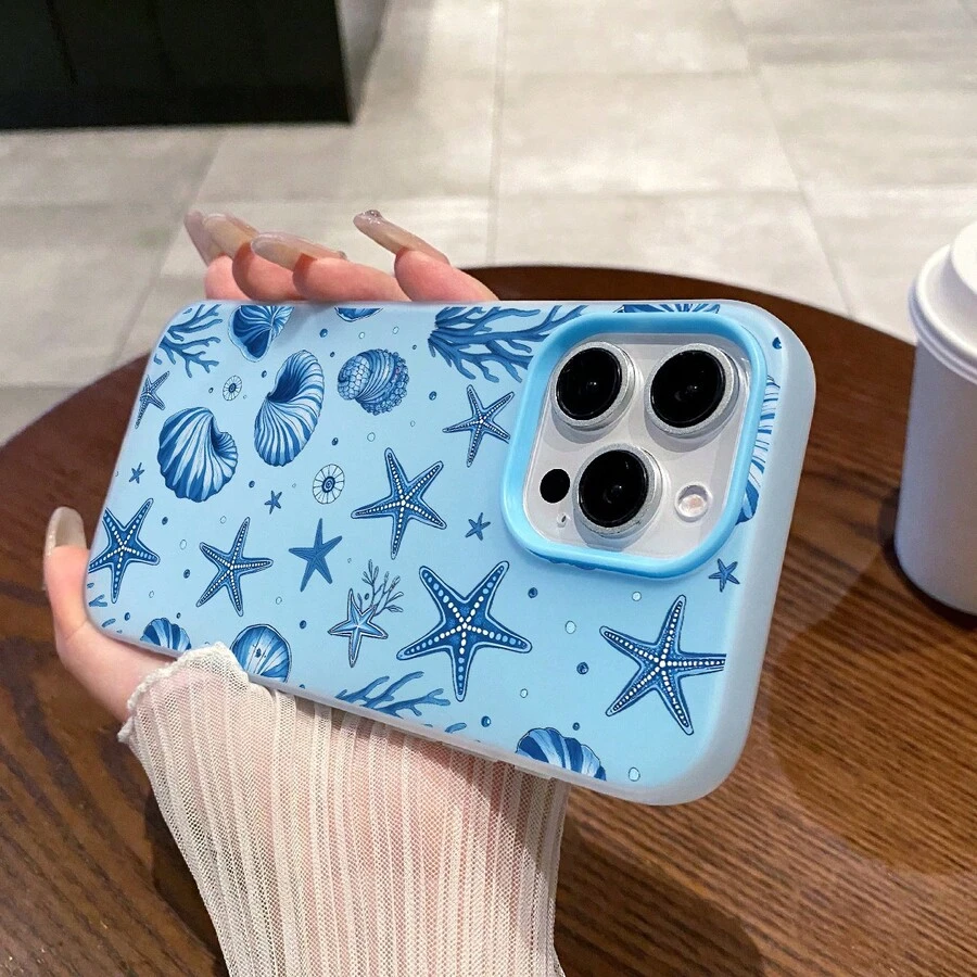 1pc Minimalist Ocean Life Pattern TPU+PC Dual-Layer Blue Jelly Phone Case, 2.5mm Thick, Protective & Fashionable, Suitable For Both Men And Women, Ideal Choice For Summer, Cute Macaron Colors, Compatible With IPhone 11 12 13 14 15 16 16Pro 16ProMax/17, - Blue - View 1