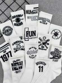 10 pares de calcetines de tripulación blancos con estampado aleatorio de letras y números, calcetines deportivos de moda unisex - Blanco - Ver 3
