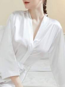 1pc Lightweight Luxury 3/4 Sleeve Long Robe, Suitable For Home, Hotel, Outdoor Swimming, Wedding Party, Best Friend Party Sleepwear, Spring/Summer - White - View 4