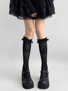 1双春夏洛丽塔复古日常过膝袜，蕾丝花卉镂空薄款小腿袜，蕾丝边饰袜，甜美学院风渔网袜，芭蕾舞荷叶边袜/性感学院风小腿袜 - 彩色 - 查看 8