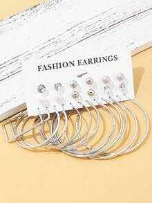 12pairs Faux Pearl & Cubic Zirconia Decor Earrings - 銀色 - 查看 4