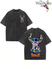 Disney Round Neck Short Sleeved Printed Washed T-Shirt, Stitch Pattern Printed T-Shirt, 2026 New T-Shirt, Family Leisure Vacation T-Shirt, Suitable For Both Men And Women, High-Quality Pure Cotton T-Shirt, Suitable For All Seasons, Comfortable And Breathable | Exquisite Design | The Best Choice For Gift Giving - 黑色 - 查看 2