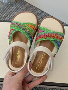 1 Pair 2026 Girls' Colorful Embroidered Crochet Sandals, Adjustable Laces, Round Toe Design, Flat, Bohemian Style Children's Sandals, Suitable For Daily Outdoor Activities, Beach And Summer Wear - Cadet Blue - View 4