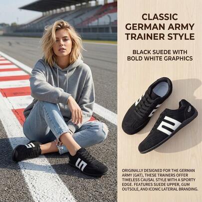 2026 Spring/Summer Unisex Formula Racing Casual Suede Sneakers, Round Toe Lace-Up Flat Soft Sole Retro Thin Vulcanized Shoes, Black