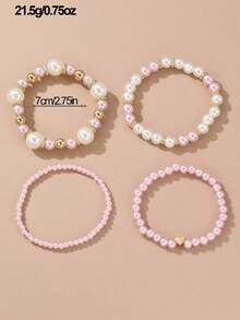 4pcs Set Women Elegant Faux Pearl Beaded Bracelets Combination Fashion Party Accessories - 粉色 - 查看 3