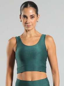 FITNATION Leggings Set With Waistband Pocket + Longline Cropped Top In Micro-Ribbed Fabric With SHINE And HIGH Elasticity And Support. - Hoja verde - Ver 5