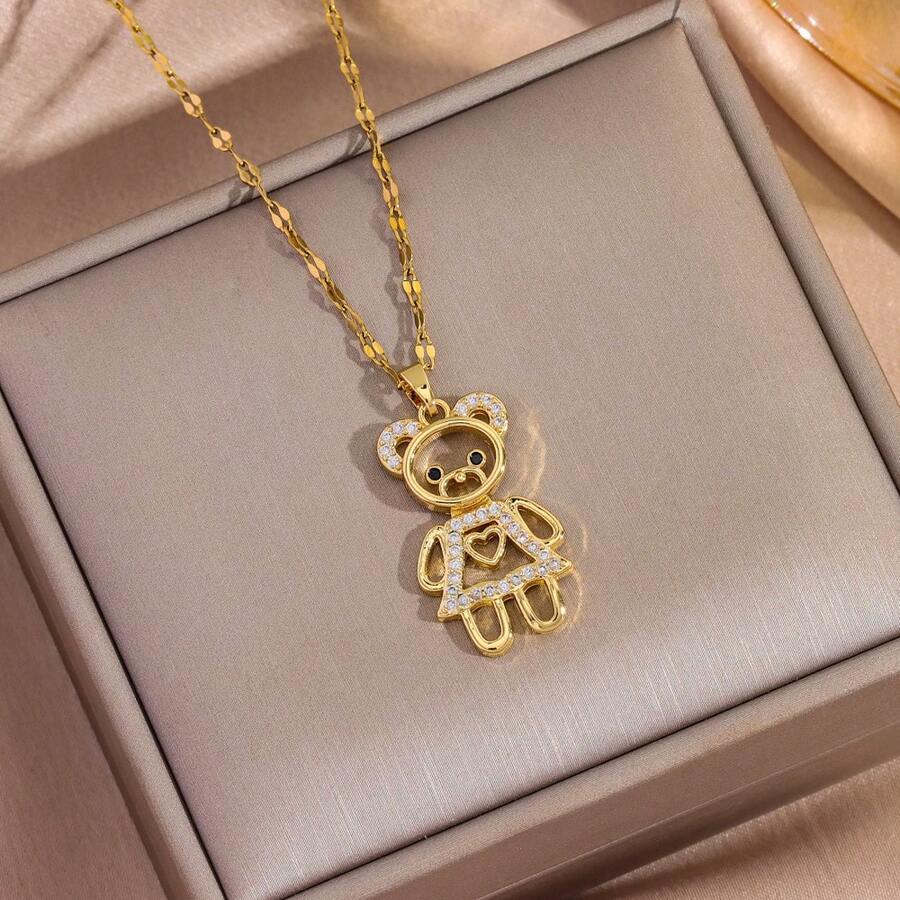 1pc 18K Gold Plated Luxury Micro-Inlaid Zirconia Cute Bear Necklace, Fashionable & Sweet Stainless Steel Clavicle Chain Jewelry, Suitable For Women's Daily Wear - 40+5cm - View 1