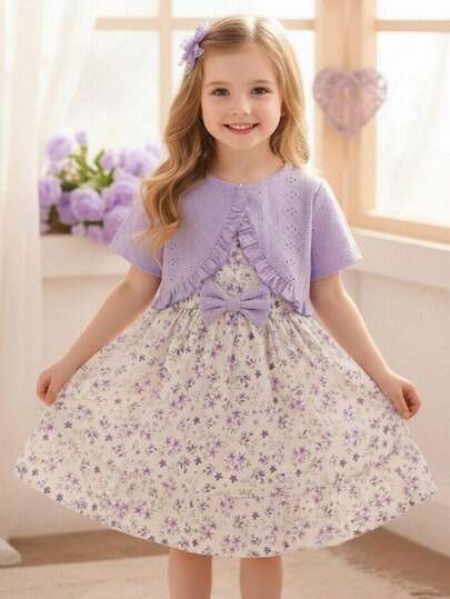 Young Girls Knitted Hollow Short Crop Top With Floral Print Dress 2 Pieces Set, Casual, Spring/Summer
