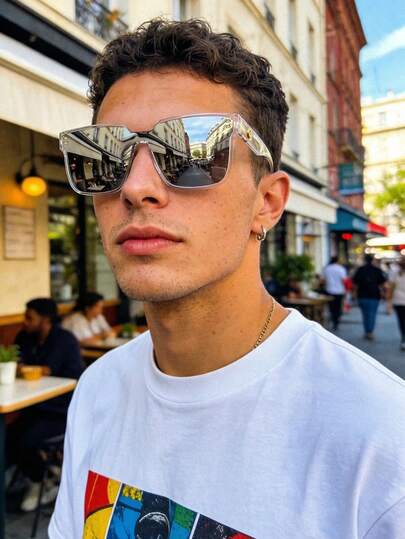 Silver Y2K Square Large Frame One-Piece Lens Fashion Glasses, Street Style Fashion Eyewear For Men, Personalized New Design For Outdoor Travel Beach Vacation Casual Wear, Summer Shades For Men