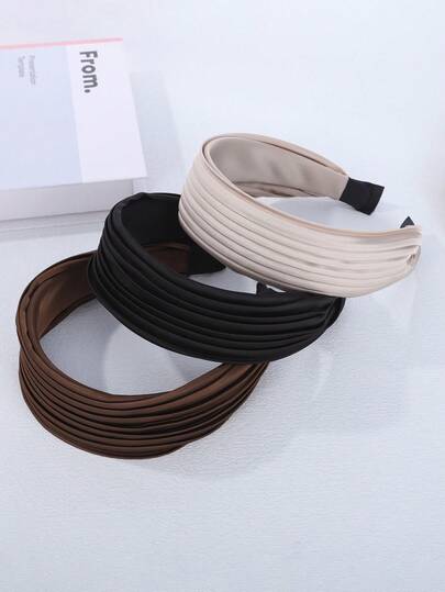 3/1pc Solid Color Vintage Wide Pleated Headband For Women, Non-Slip Luxury High-End Hair Hoop, High Crown Fashion Hair Accessory