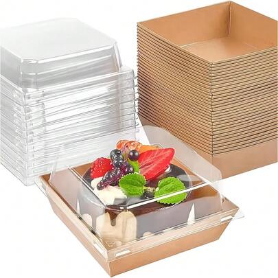 20个（20个盒子+20个盖子）棕色方形蛋糕盒，带盖，适用于三明治、面包、零食、饼干、水果蛋糕和瑞士卷。