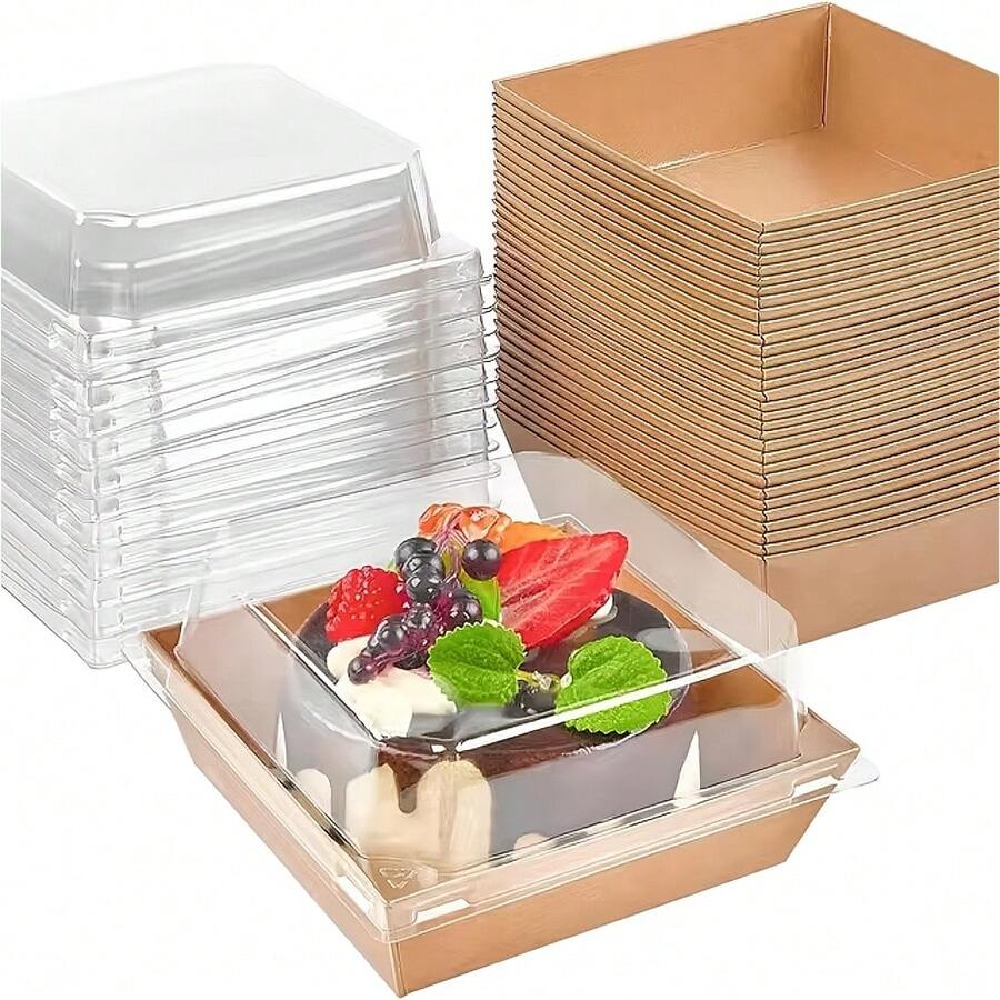 20个（20个盒子+20个盖子）棕色方形蛋糕盒，带盖，适用于三明治、面包、零食、饼干、水果蛋糕和瑞士卷。 - 棕色 - 查看 1