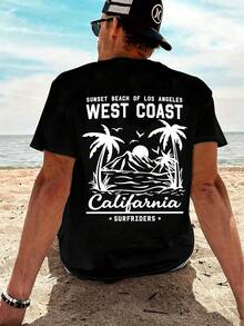 West Coast California Sunset T-Shirt, Casual Holiday Style, Men's T-Shirt, 100% Cotton, Casual Short-Sleeved Crew Neck T-Shirt, Loose Leisure T-Shirt, Weekend Wear, Beach Holiday Wear, Comfortable And Versatile, Summer Wear, Gift For Friends. - 黑色 - 查看 1