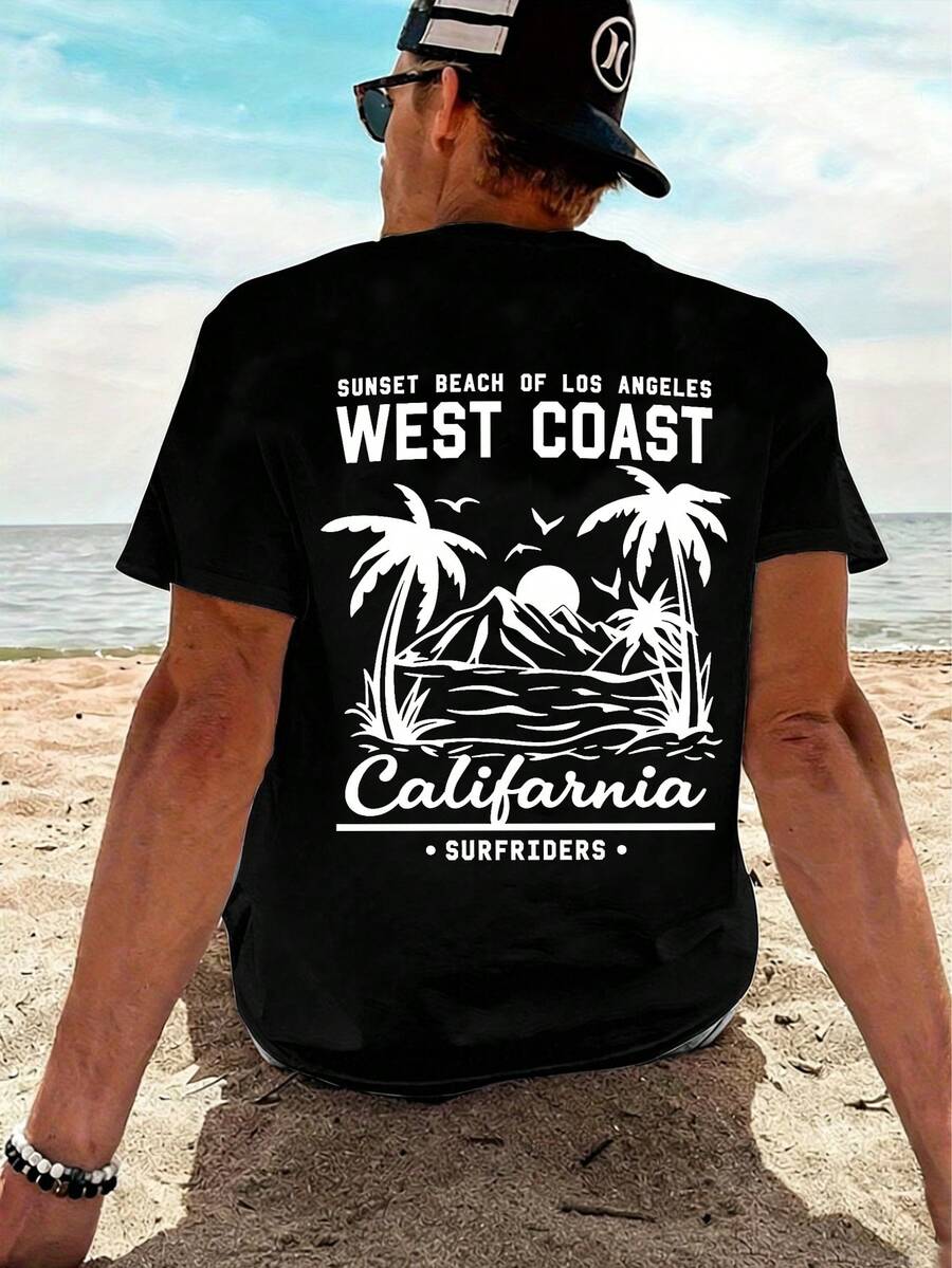 West Coast California Sunset T-Shirt, Casual Holiday Style, Men's T-Shirt, 100% Cotton, Casual Short-Sleeved Crew Neck T-Shirt, Loose Leisure T-Shirt, Weekend Wear, Beach Holiday Wear, Comfortable And Versatile, Summer Wear, Gift For Friends. - 黑色 - 查看 1