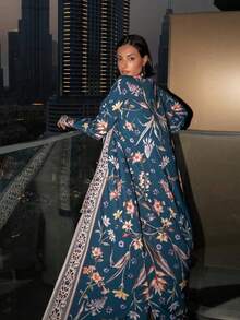 两件套印花开衫长袍套装，含头巾，中东迪拜风格，春季度假外套 - 藍色 - 查看 4