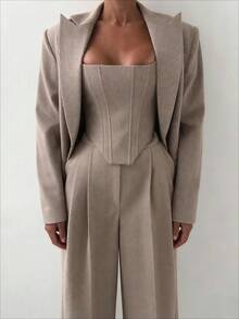 Elegant Minimalist Woolen Three-Piece Suit Set For Women, Button-Up Blazer Coat, Long Coat And Pants Business Casual Fall Winter Outfit, With A Belt - 卡其色 - 查看 2