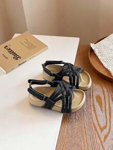 1 Pair Children's Retro Woven Flat Sandals, Non-Slip Versatile Hook And Loop Roman Kids Shoes, Comfortable Casual Girls Shoes - Black - View 2