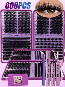 544/608 PCS Lash Extension Kit, Spikes Cluster Lashes,.Cartoon Style Eyelash Clusters, Anime Eyelash Extensions, Natural Looking Eyelash Clusters, Fairy Eyelash Clusters, Suitable For Beginners - Purple - View 5